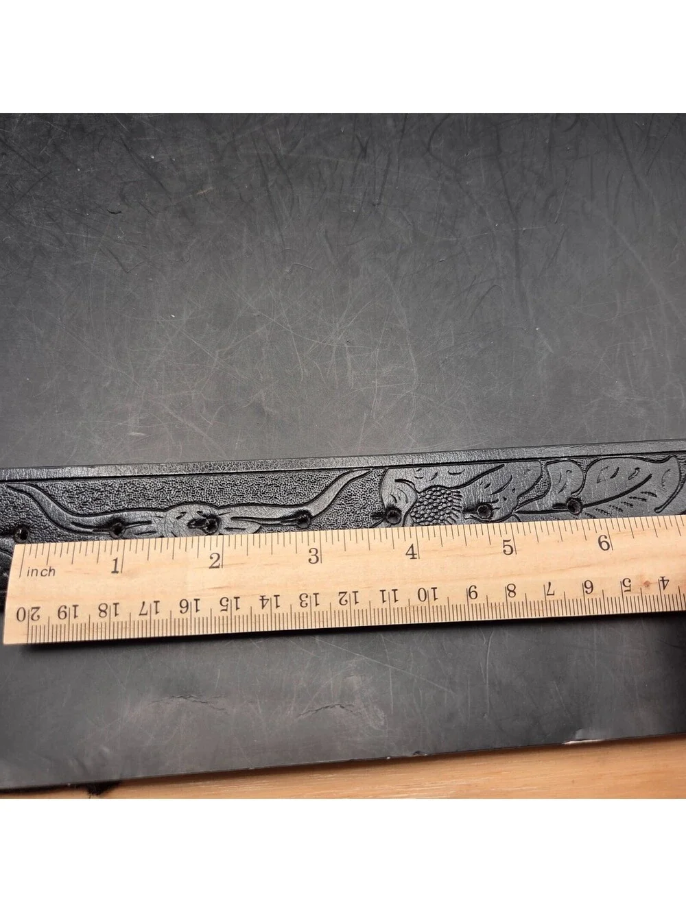 Western Leather Belt Mens 42 Black Floral Engraved Longhorn Buckle 1.25in